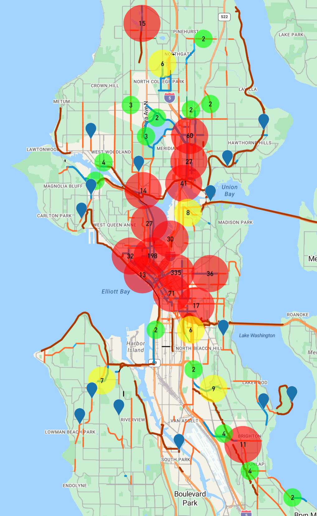 A map of Seattle showing reports of blocked bike lanes